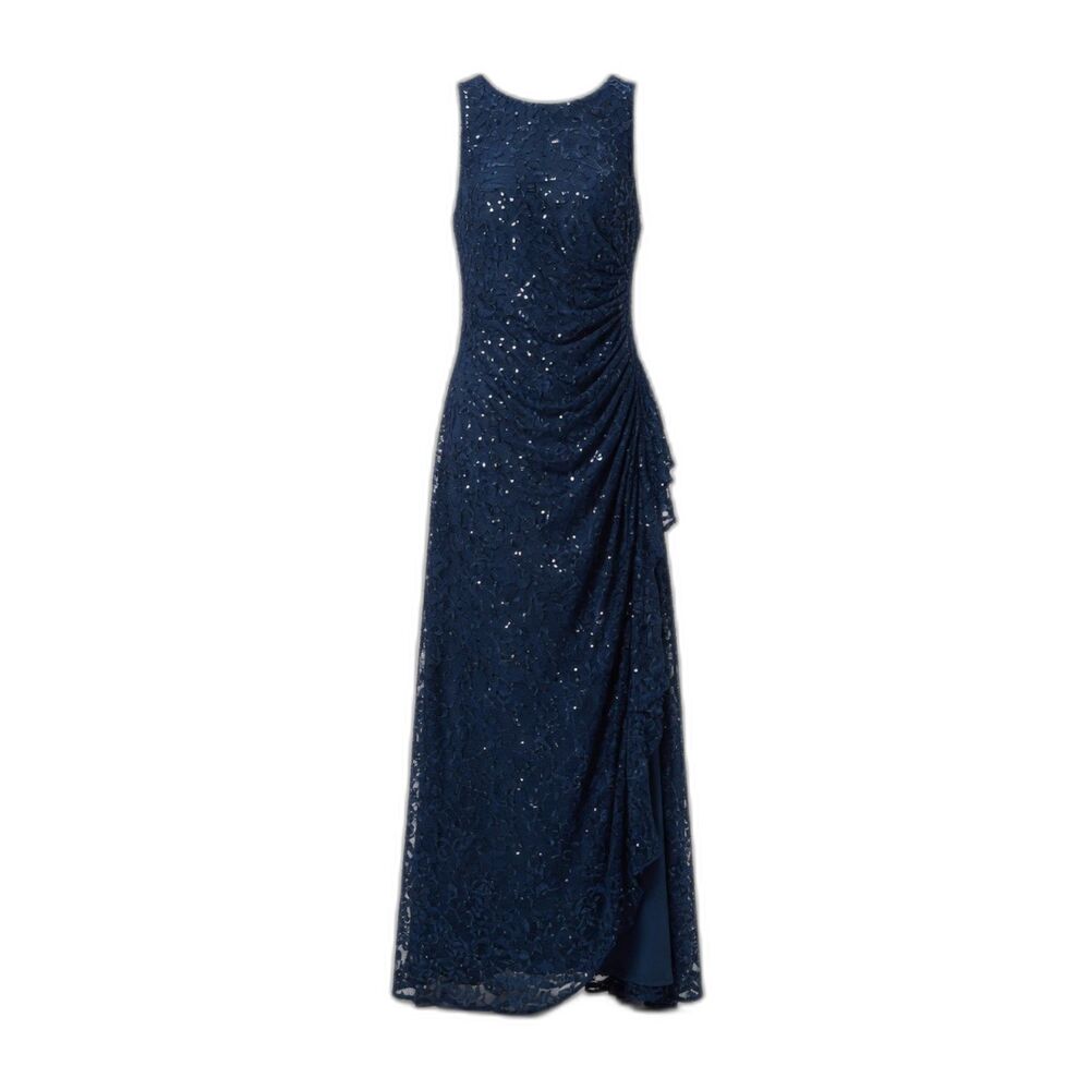 Alex Evenings Size 6 Navy Blue Sleeveless Sequin Lace Ruched Ruffle Gown Dress